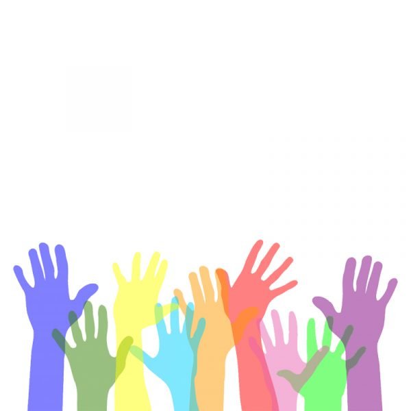 Donations image - Rainbow colored hands reaching up